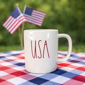 Rae Dunn USA Mug Blue Interior Red Lettering Patriotic Coffee Cup